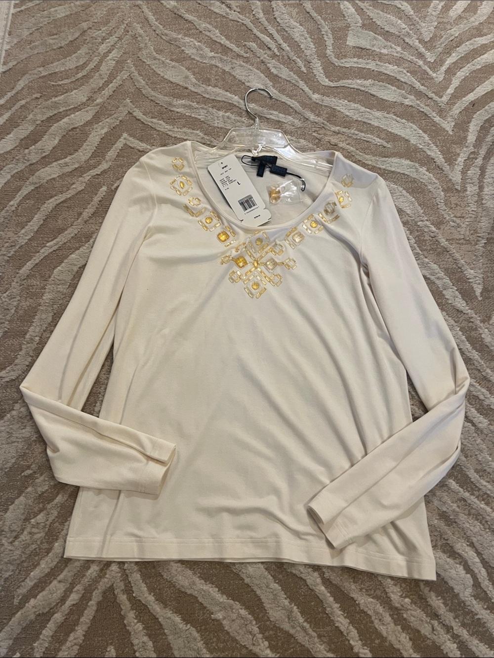 ESCADA NWT Women's Cream Long-Sleeve Top with Gold Embellishment around neck!